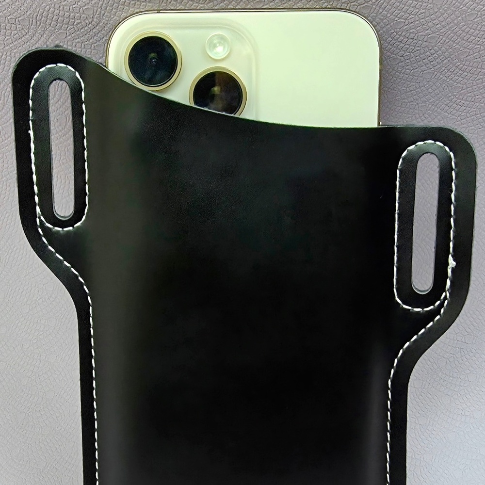 Men’s Black Leather Belt Phone Holster Rugged EDC Waist Case